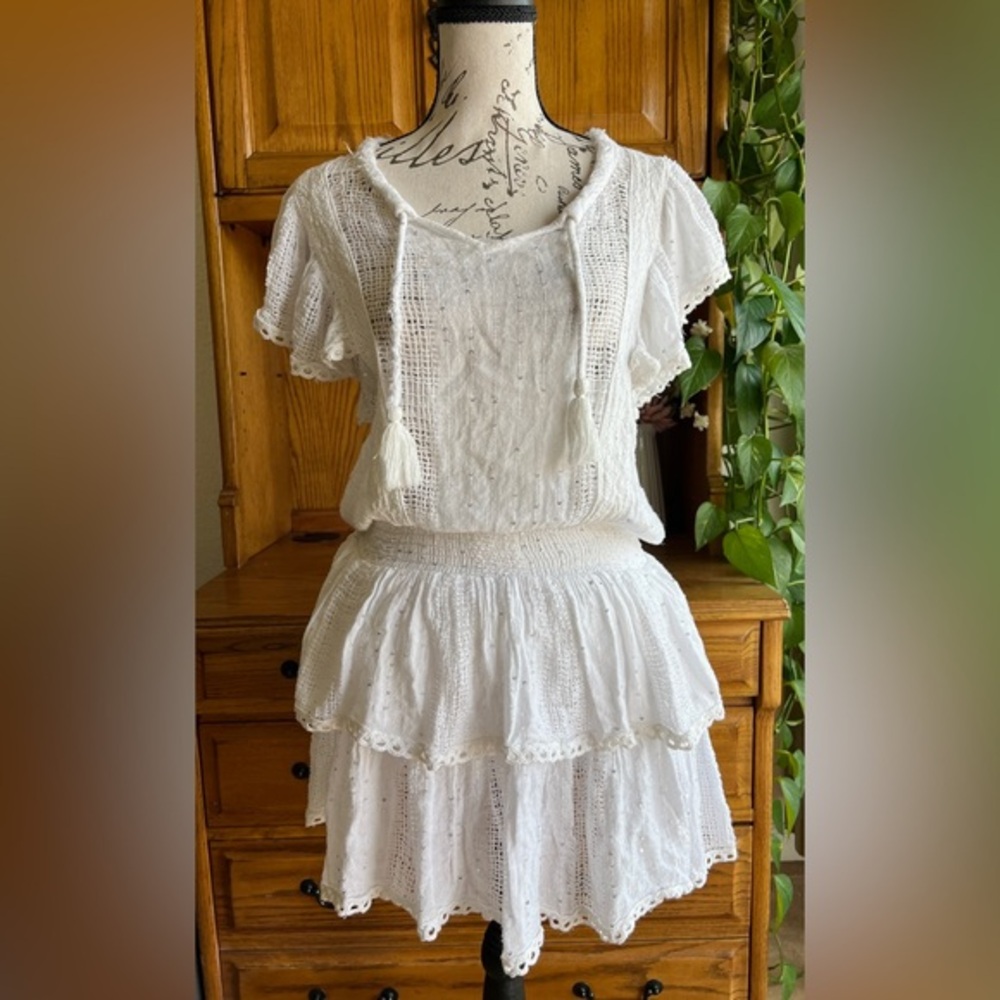 Surf Gypsy Boho White Gauze Open-Knit Beach Coverup Dress with‎ Sequins Small